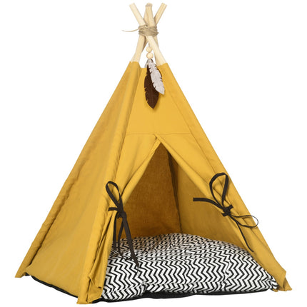 Katzen- & Hunde-Tipi-Zeltbett, Kiefer, gelbes Kissen