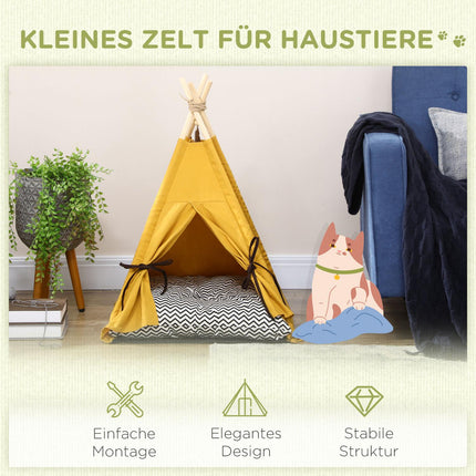 Katzen- & Hunde-Tipi-Zeltbett, Kiefer, gelbes Kissen
