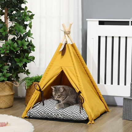 Katzen- & Hunde-Tipi-Zeltbett, Kiefer, gelbes Kissen