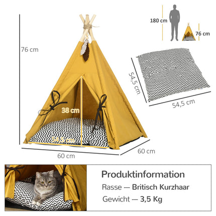 Katzen- & Hunde-Tipi-Zeltbett, Kiefer, gelbes Kissen