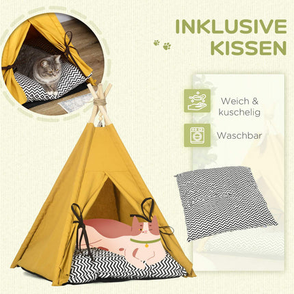 Katzen- & Hunde-Tipi-Zeltbett, Kiefer, gelbes Kissen