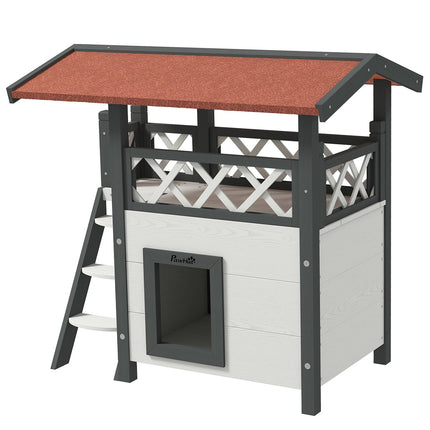 Solid wood cat house - 2-story house with balcony and stairs