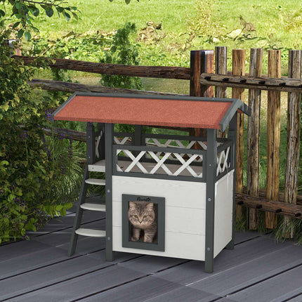 Solid wood cat house - 2-story house with balcony and stairs