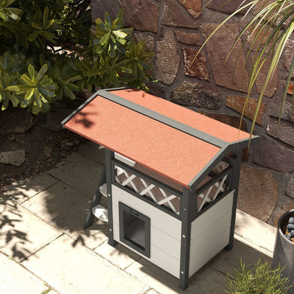 Solid wood cat house - 2-story house with balcony and stairs