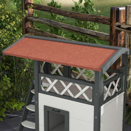Solid wood cat house - 2-story house with balcony and stairs