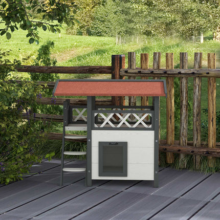 Solid wood cat house - 2-story house with balcony and stairs