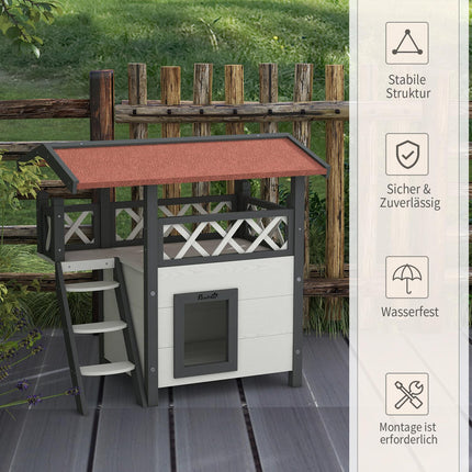 Solid wood cat house - 2-story house with balcony and stairs