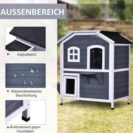 Wetterfestes Katzenhaus für draußen, Teerdach, 2 Ebenen