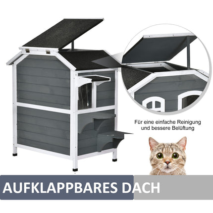 Wetterfestes Katzenhaus für draußen, Teerdach, 2 Ebenen