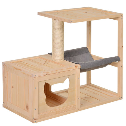 Cat house with hammock and sisal, natural wood, 70x35x60 Cm