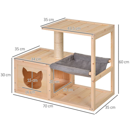 Cat house with hammock and sisal, natural wood, 70x35x60 Cm