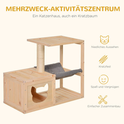 Cat house with hammock and sisal, natural wood, 70x35x60 Cm