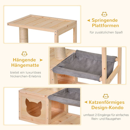 Cat house with hammock and sisal, natural wood, 70x35x60 Cm
