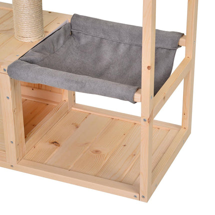 Cat house with hammock and sisal, natural wood, 70x35x60 Cm