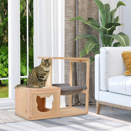 Cat house with hammock and sisal, natural wood, 70x35x60 Cm