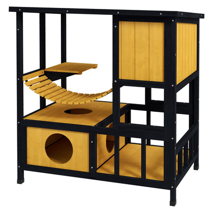 Outdoor wooden cat house - waterproof, holds 1-2 cats, yellow