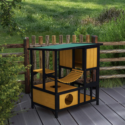Outdoor wooden cat house - waterproof, holds 1-2 cats, yellow