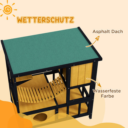 Outdoor wooden cat house - waterproof, holds 1-2 cats, yellow