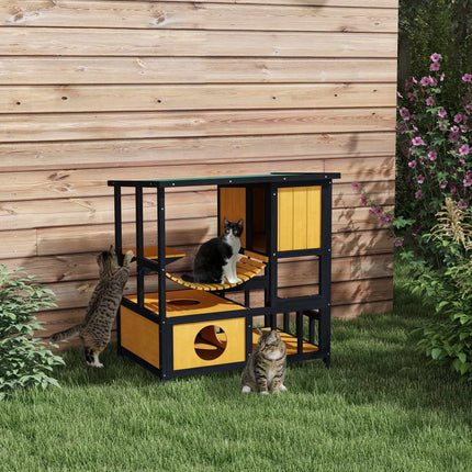 Outdoor wooden cat house - waterproof, holds 1-2 cats, yellow