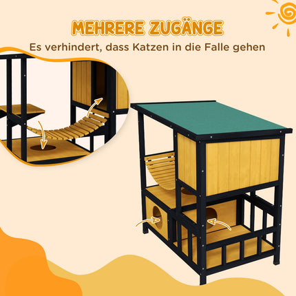 Outdoor wooden cat house - waterproof, holds 1-2 cats, yellow