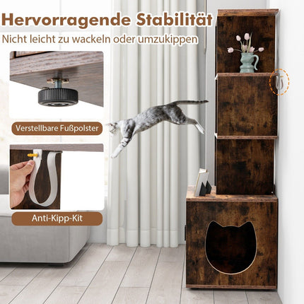 Cat Litter Box Cabinet with Bookshelf, 60x45.5x142 cm, Brown
