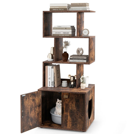 Cat Litter Box Cabinet with Bookshelf, 60x45.5x142 cm, Brown
