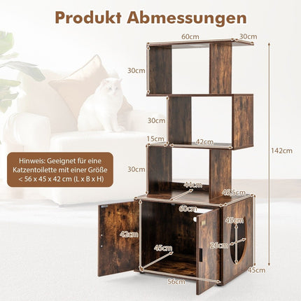 Cat Litter Box Cabinet with Bookshelf, 60x45.5x142 cm, Brown