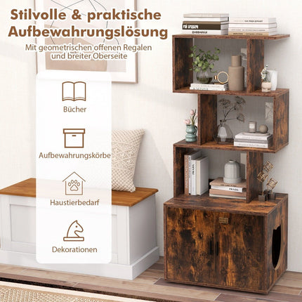 Cat Litter Box Cabinet with Bookshelf, 60x45.5x142 cm, Brown