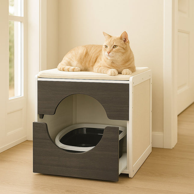 Katzentoilettenschrank mit Kissen und Kratzmatten
