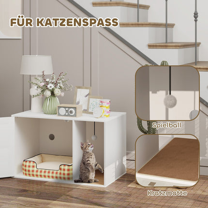 Katzenklo-Verkleidung, Rattantür, Kratzpad, Weiß