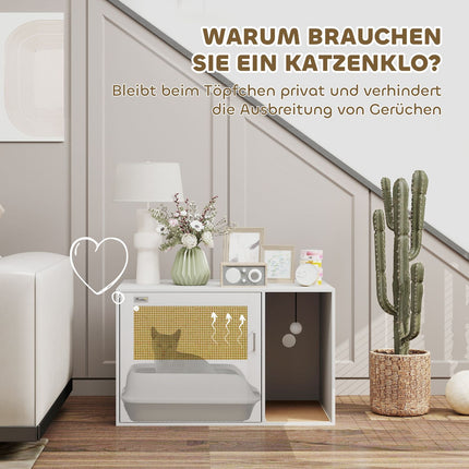 Katzenklo-Verkleidung, Rattantür, Kratzpad, Weiß