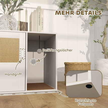 Katzenklo-Verkleidung, Rattantür, Kratzpad, Weiß