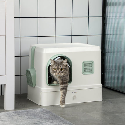 Bac à litière pour chat avec couvercle, pelle et tiroir, déodorant, blanc et vert, 50 x 40 x 40 cm