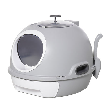 Portable cat litter box with roof and shovel, gray PP/ABS