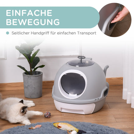 Portable cat litter box with roof and shovel, gray PP/ABS