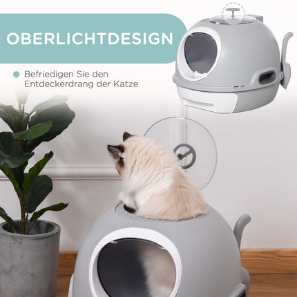 Portable cat litter box with roof and shovel, gray PP/ABS