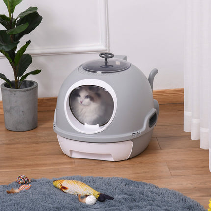 Portable cat litter box with roof and shovel, gray PP/ABS