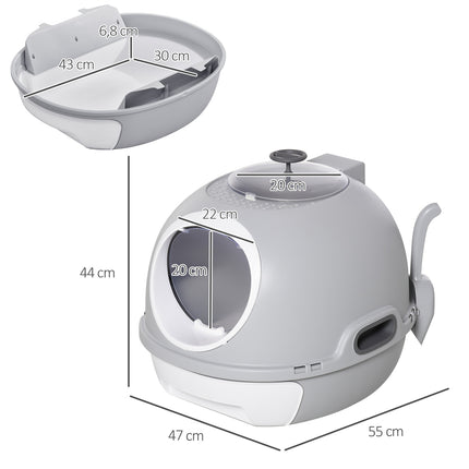 Portable cat litter box with roof and shovel, gray PP/ABS