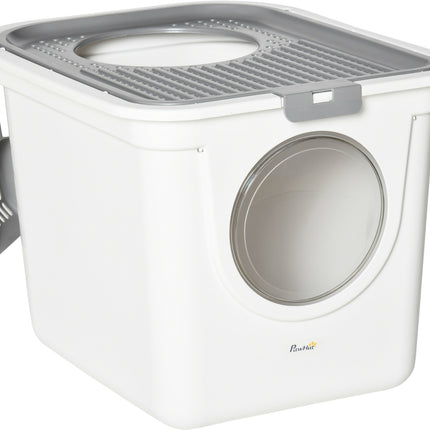 Plastic cat litter box with lid and scoop, indoor - Grey/White