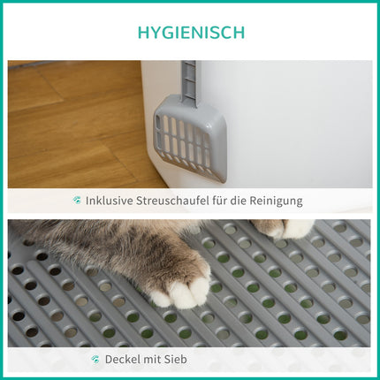 Plastic cat litter box with lid and scoop, indoor - Grey/White