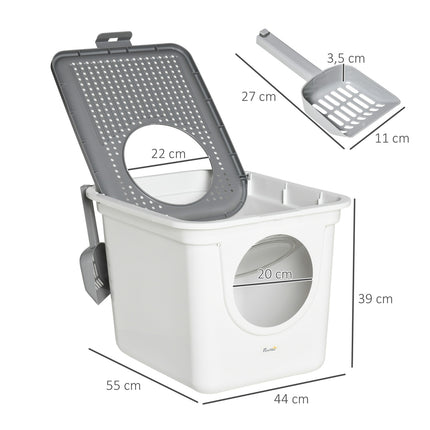 Plastic cat litter box with lid and scoop, indoor - Grey/White