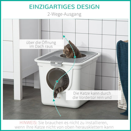 Plastic cat litter box with lid and scoop, indoor - Grey/White
