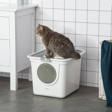 Plastic cat litter box with lid and scoop, indoor - Grey/White