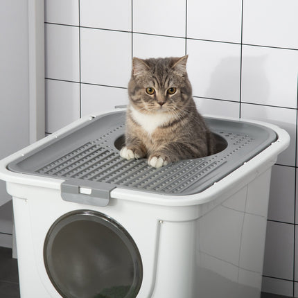 Plastic cat litter box with lid and scoop, indoor - Grey/White