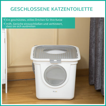 Plastic cat litter box with lid and scoop, indoor - Grey/White