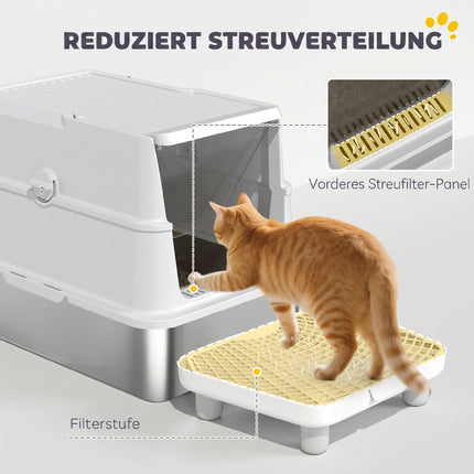 Katzentoilette, XL, geschlossen, Edelstahl, Schaufel, Grau
