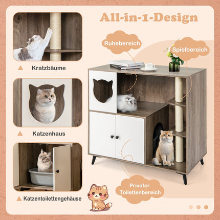 Katzenklo-Schrank mit 3 Sisal-Kratzstämmen, Grau/Weiß