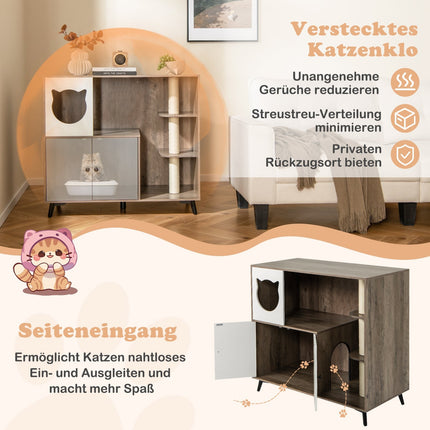 Katzenklo-Schrank mit 3 Sisal-Kratzstämmen, Grau/Weiß
