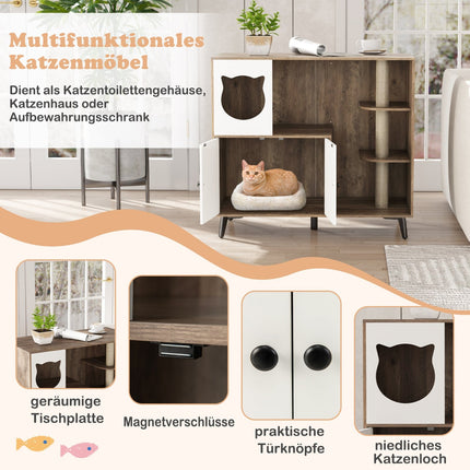 Katzenklo-Schrank mit 3 Sisal-Kratzstämmen, Grau/Weiß
