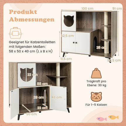Katzenklo-Schrank mit 3 Sisal-Kratzstämmen, Grau/Weiß